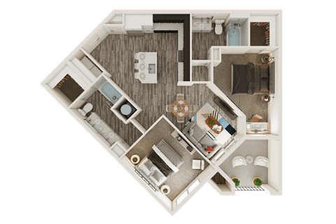 a 3d rendering of a bedroom with a floor plan